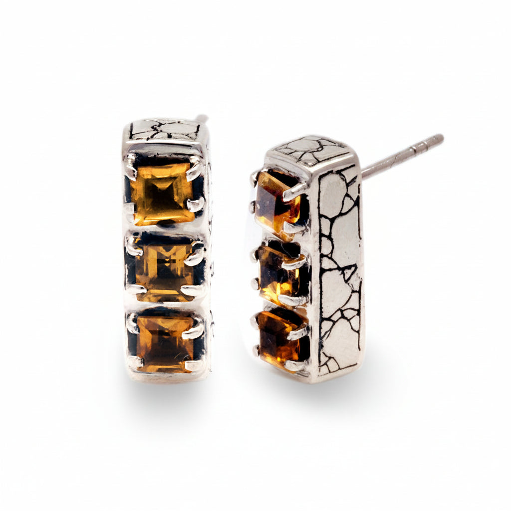 Orecchini argento 925 con tre citrini quadrati naturali – Collezione Crocodile Balinesia – coppia