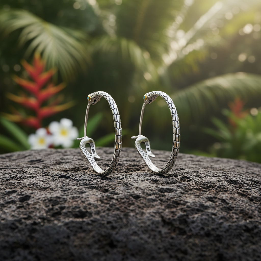 Coppia orecchini Ular Blue Topaz in argento 925 su pietra lavica – sfondo foresta tropicale con fiori di Bali – Collezione Black Mamba Balinesia