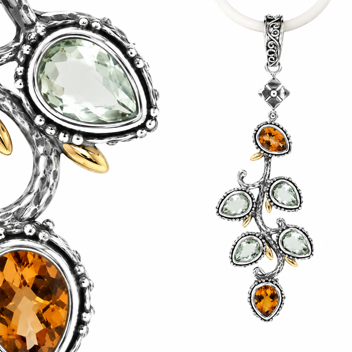Pendente Kuncup in argento 925 ossidato con struttura a rami, prasiolite verde acqua e citrino arancio — dettaglio macro e vista intera su sfondo bianco, Collezione Essenza di Ubud, Balinesia