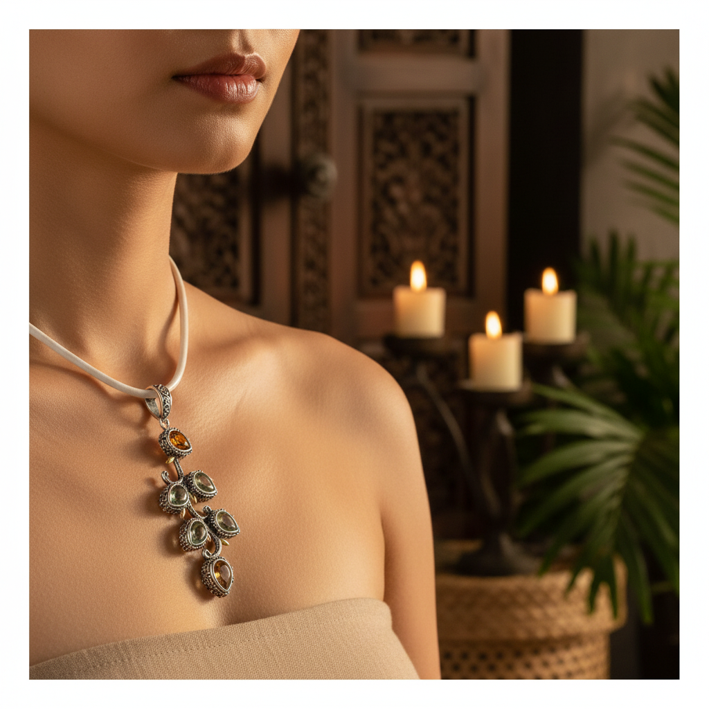 Pendente Kuncup indossato su laccio avorio da modella in abito sabbia, atmosfera balinese con candele e pannello in legno intagliato — Collezione Essenza di Ubud, Balinesia