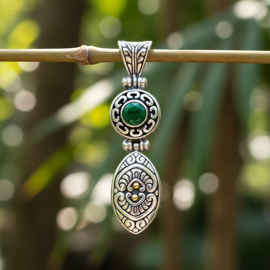 Pendente Pura Celuk Balinesia con quarzo verde e accenti oro 18K appeso a ramo di bambù – ambientazione tropicale outdoor
