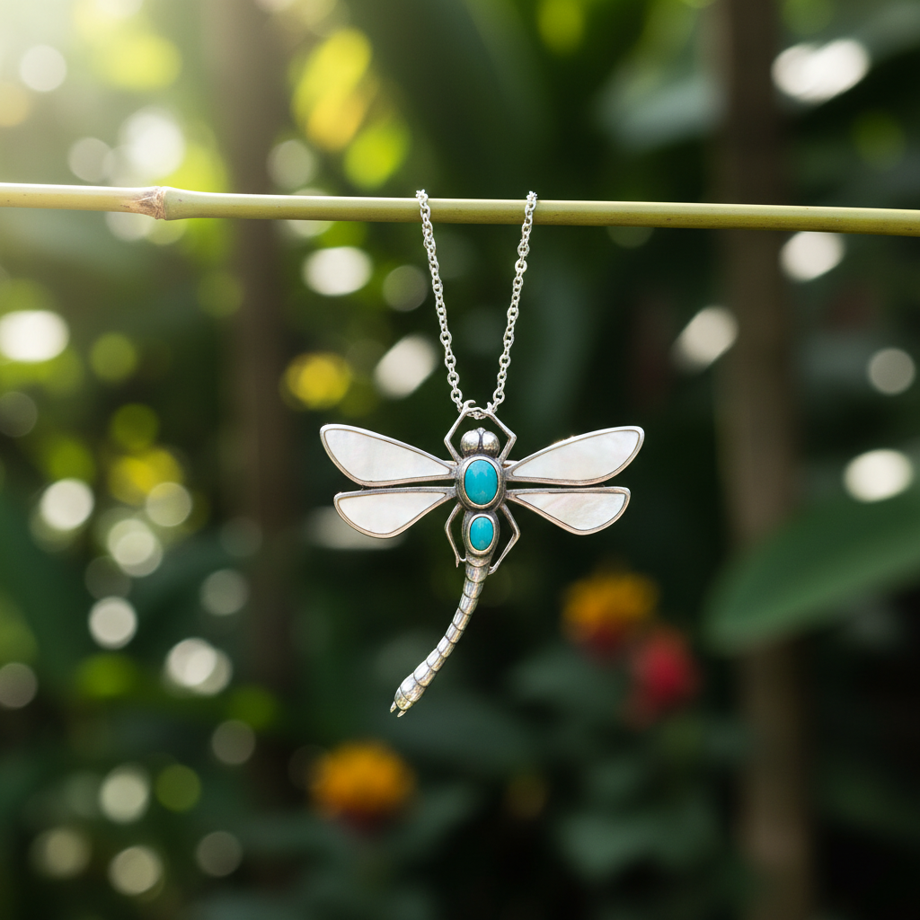 Pendente Capung Celeste su catena appeso a stelo di bambù con sfondo di giungla tropicale — madreperla e turchese naturale in luce naturale, Balinesia