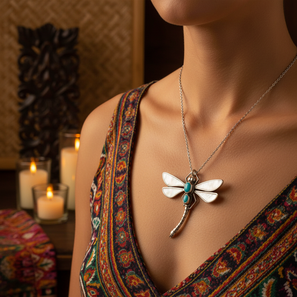 Pendente Capung Celeste con madreperla e turchese indossato come collana su abito etnico — atmosfera balinese con candele, Balinesia