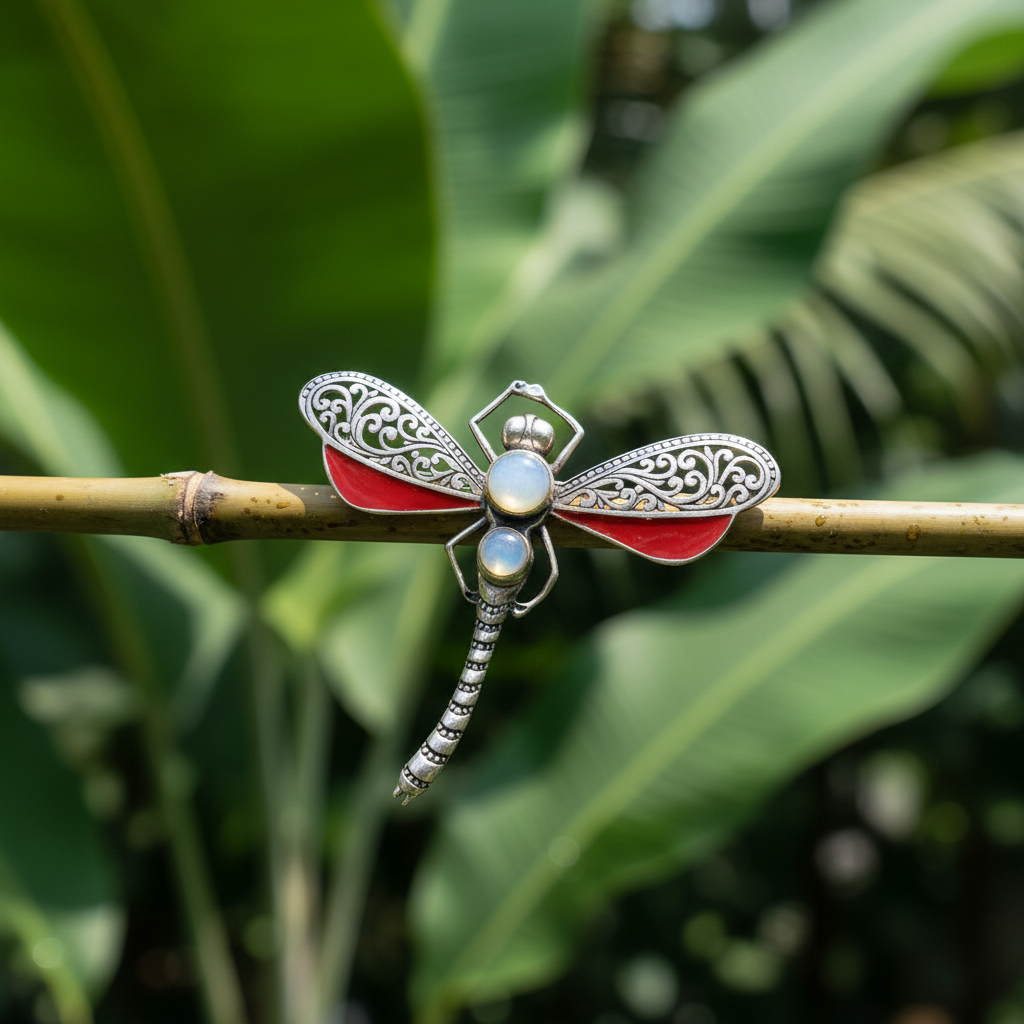 Spilla Capung libellula posata su bambù con sfondo di vegetazione tropicale — dettaglio filigrana e madrepora rossa, Balinesia