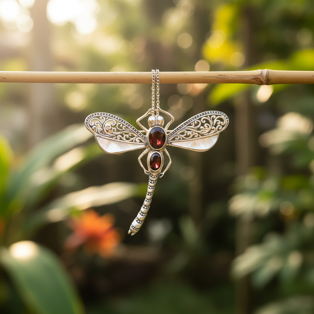 Pendente Capung Granato su catena appeso a stelo di bambù, sfondo di giungla tropicale — filigrana balinese e granato rosso in luce naturale, Balinesia